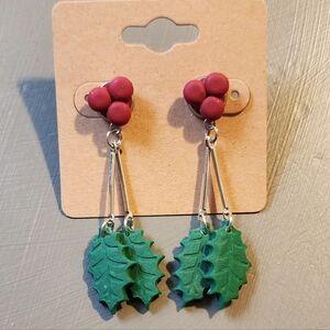 Red and green clay holly dangle earrings